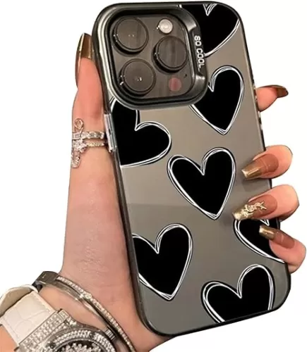 Phone Case for Women/Girls, Luxury Love Heart Electroplate Silver Case Compatible with iPhone 14, Black with Black Hearts