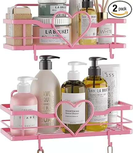 Pink Shower Caddy with 4 Removable Hooks, 2 Pack Sweet Heart Shower Shelves, No Drilling Adhesive Organizer Shelf for Bathroom Shower, Kitchen, Bedroom