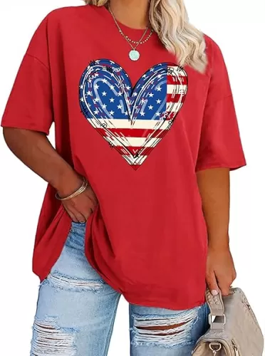 Plus Size Amrican Flag Heart Shirt Women Patriotic Graphic Tees 4th of July Tops USA Star Stripe Tee