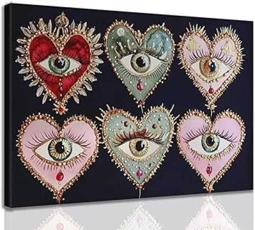 Psychedelic Eyes Canvas Wall Art Gothic Maximalist Witchy Art Wall Decor Picture Dark Academia Aesthetic Poster Eclectic Love Heart Jewel Gem Painting Print Artwork for Bedroom Living Room Decorate