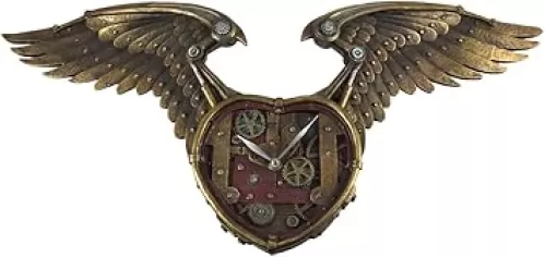 PTC 26.5 Inch Steampunk Winged Heart Decorative Wall Clock, Multicolor