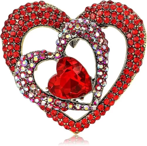 Rhinestone Heart Brooch Pin Black Red Crystal Brooch Lapel Pin Hollow Heart Lip Brooch Sparkling Double Hearts Pin Clothes Hat Bag Dress Clothing Jewelry for Women