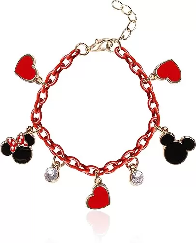 SALLY ROSE Mickey and Minnie Mouse Charm Bracelet with Red Chain Official License, 6.5"+1" Gold-Tone Fashion Charm Bracelet for Women