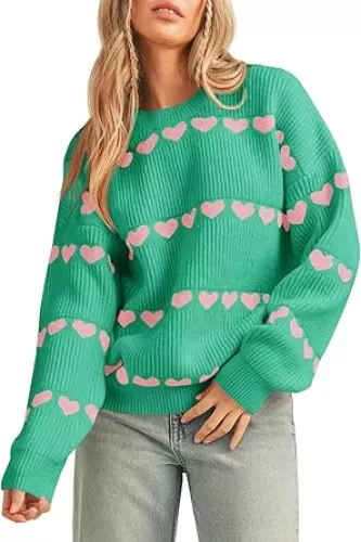 Saodimallsu Womens Heart Sweater Valentine Crew Neck Cute Ribbed Knit Loose Casual Pullover Sweaters Tops
