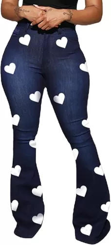 SEMATOMALA Women's Bodycon Denim Flared Leg Jeans Pants Heart Printed Color Contrast Slim Bell Bottom High Waist Trousers(ZQ,L)