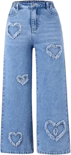 SHENHE Girl's Y2K Heart Applique Elastic High Waist Jeans Wide Leg Loose Denim Pants