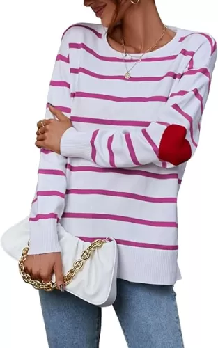 shermie Womens Stripes Sweaters Long Sleeve Crew Neck Casual Cute Heart Knitted Pullover Sweater