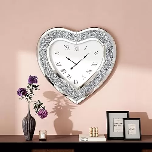 SHYFOY Deorative Wall Clock, 24 inch Heart-Shaped Mirror Wall Clock, Crushed Diamond Non-Ticking Wall Clocks for Bedroom, Dining Room Wall Decor