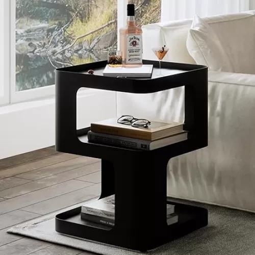 Side Table, Modern end Table, Unique nightstand, Bedside Table, Black Metal Night Stand with Storage, Accent Side Table for Couch, Bedroom, Living Room.No Assembly Required