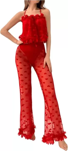 SOLY HUX Pajama Sets for Women 2 Piece Mesh Sheer Sleepwear Heart Floral Appliques Cami Top and Pants Loungewear