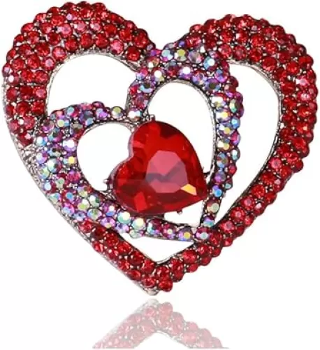 Sparkly Full Rhinestone Heart Brooch Pin Hollow Double Lapel Pin Badge Red Heart Pins Mothers Day Gift Jewelry