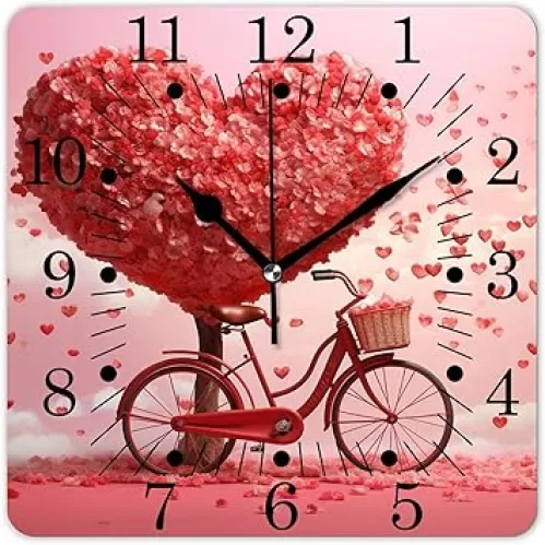 Square Wall Clock Quiet 14 Inch Battery Operated Home/Office/Kitchen Clock, Valentines Day Pattern Bicycle Heart Shaped Tree Balloon Style