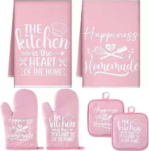 Sratte 6 Pcs Kitchen Decor Accessories Set Farmhouse Towels Pot Holders Oven Mitts Set 2 Dish Towels 2 Potholders 2 Cooking Mittens Oven Glove for Baking Cooking Supply(Pink, Kitchen)