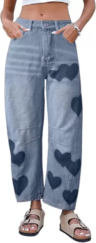 Straight Leg Jeans for Women High Waist Heart Printed Baggy Denim Pants Vintage Seam Front Wide Leg Jeans