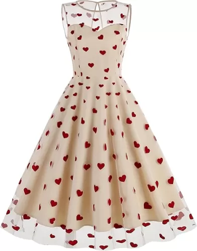 Valentines Dresses for Women Tulle Dresses for Party Sheer Mesh Heart Printed Mini Dress Fit and Flare Homecoming Dresses Sleeveless Wedding Guest Dresses Summer Cocktail Party Dress Apricot Heart M
