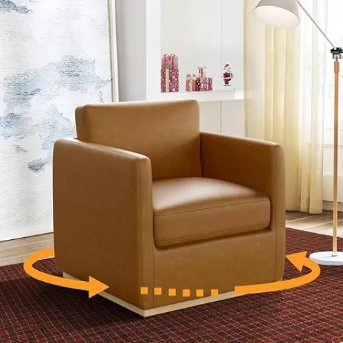 Sunny Heart Swivel Accent Chair, Fabric Barrel Chair With Wood Base, Modern Upholstered Armchair, Cozy Chair for Living Room, Bedroom, Reading, Leather Brown