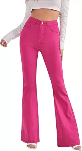 SweatyRocks Women's Casual Denim Pants Heart Print High Waist Stretchy Bell Bottom Flared Jeans