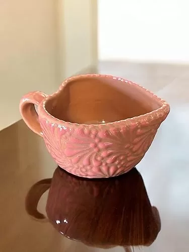 Talavera Heart-Shaped Cappuccino Mug - Handmade Mexican Pottery, Large Coffee Cup, 6.5x5 Inches (Brown and Pink)