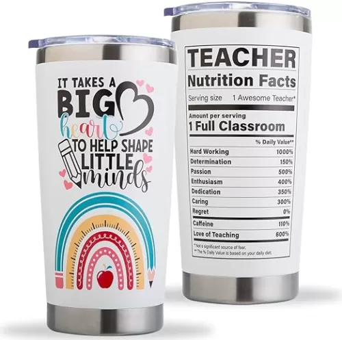 Teacher Tumbler - It Takes a Big Heart to Shape Little Minds, Inspirational Teacher Mugs, Teachers Appreciation Gifts Men Women - 20oz Teachers Appreciation Cup for Christmas Birthday Back to School