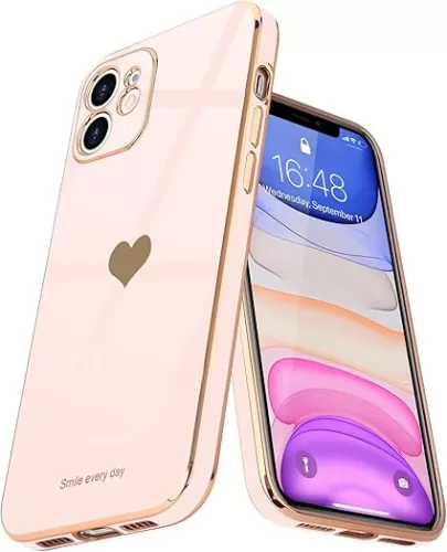 Teageo Compatible with iPhone 11 Case for Women Girl Cute Love Heart Luxury Bling Plating Soft Back Cover Full Camera Protection Bumper Silicone Shockproof Phone Case, Light Pink