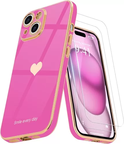Teageo Compatible with iPhone 15 Case for Girl Women Cute Love-Heart Luxury Bling Plating Soft Back Cover Raised Camera Protection Bumper Silicone Shockproof Phone Case for iPhone 15, Rose Pink
