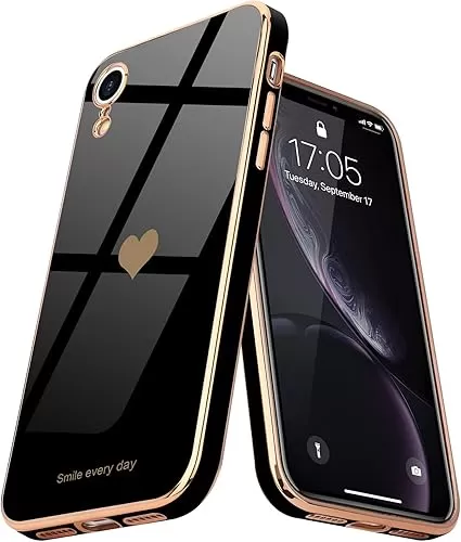 Teageo Compatible with iPhone Xr Case for Women Girl Cute Love-Heart Luxury Bling Plating Soft Back Cover Raised Full Camera Protection Bumper Silicone Shockproof Phone Case for iPhone Xr, Black