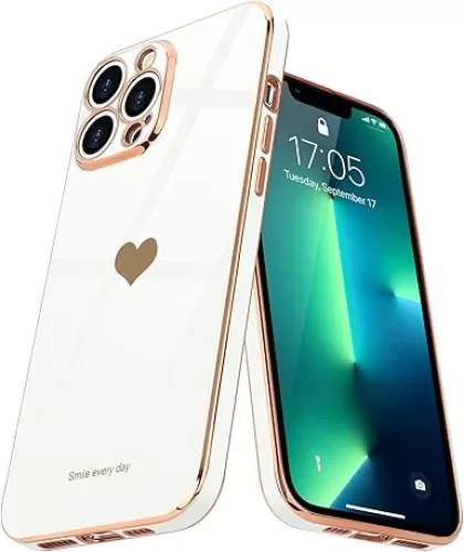 Teageo for iPhone 13 Pro Max Case for Women Girl Cute Love-Heart Luxury Bling Plating Soft Back Cover Raised Camera Protection Bumper Silicone Shockproof Phone Case for iPhone 13 Pro Max, White