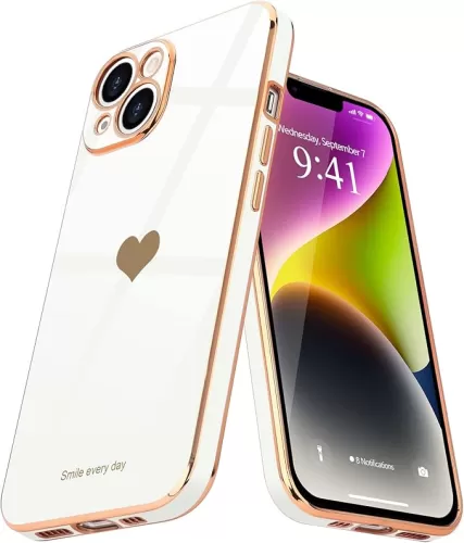 Teageo for iPhone 14 Case for Women Girl Cute Love Heart Luxury Electroplate Plating Soft Bling Back Cover Raised Full Camera Protection Bumper Silicone Shockproof Phone Case for iPhone 14, White