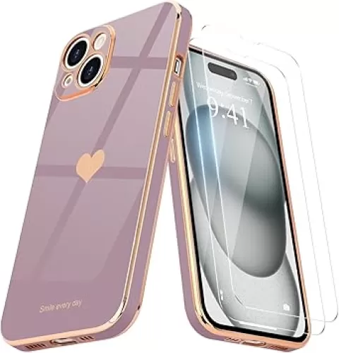 Teageo for iPhone 15 Case with Screen Protector [2 Pack] for Girl Women Cute Girly Love-Heart Luxury Gold Soft Cover Camera Protection Bumper Silicone Shockproof Phone Case for iPhone 15, Lavender