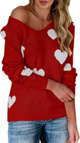 Tutorutor Womens Cute Love Heart Print Sweaters Oversized Off The Shoulder Loose Knitted Valentine Pullover Blouse Top