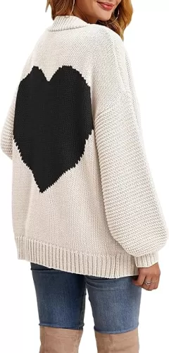 Tutorutor Womens Oversized Love Heart Pattern Print Open Front Cardigan Sweaters Casual Boho Valentine Loose Outwear Coat