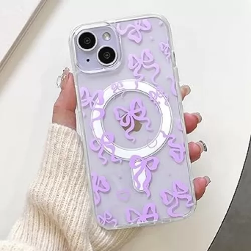 UEEBAI Magnetic for iPhone 13/iPhone 14 Case, Bow Case Compatible with MagSafe, Wireless Charge Cute Ribbon Phone Cover Anti-Yellowing Pretty Heart Clear Cover for Women Girl - Purple