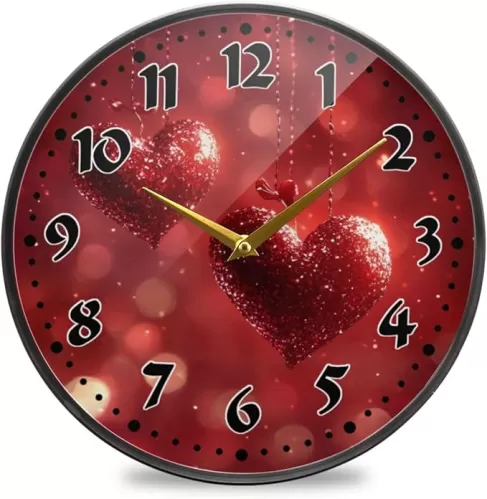 Valentine's Day Heart Wall Clock 12 Inch Silent Non Ticking Battery Operated Analog Clocks for Office, Home, Kitchen, Bedroom, School, and Living Room Decor