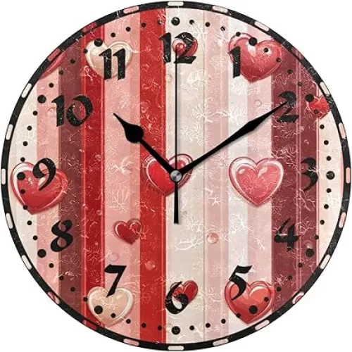 Valentine's Day Heart Wall Clock, Silent Non Ticking 10 Inch Battery Operated Wall Clocks, Easy to Read Clock for Home Kitchen Living Room Bathroom Office Decor
