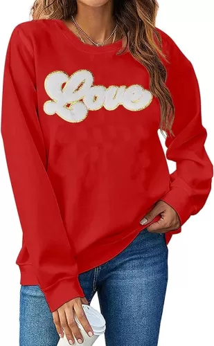 Valentines Sweatshirt Women: Love Chenille Pach Sweatshirts Valentines Shirt Love Heart Pullover Tops