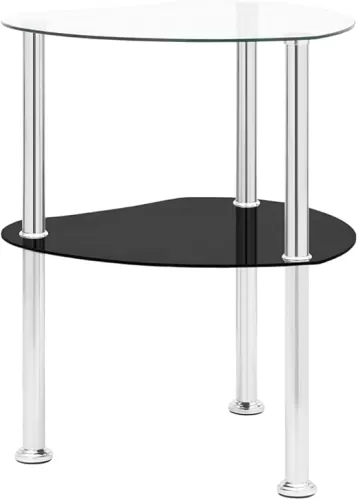 vidaXL Modern 2-Tier Side Table with Heart Design, Tempered Glass and Stainless Steel Construction, Transparent & Black - 15"x15"x19.7"