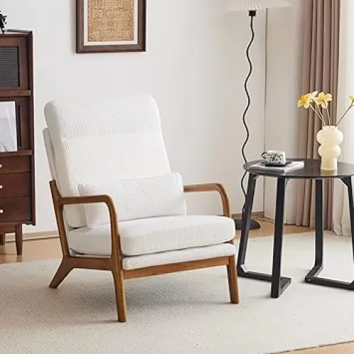VINGLI Upgraded Premium Corduroy High Back Accent Chair, Upholstered Arm Chair, Solid Wood Comfy Reading Chair with Lumbar Pillow, Mid Century Modern Chairs for Living Room, Bedroom, Guest Room, White