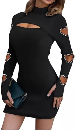 VKEGNIO Heart Cut Out Sparkly Sexy Rhinestone Dress Women Solid Color Heart Cut Out Long Sleeve High Neck Slim-Fit Mini Dress