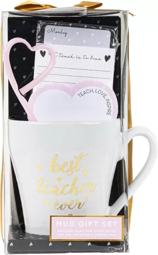 VOTUM Teacher Appreciation Gift for Women or Men - Bundle Includes Mug, Writing Pad, Heart-Shaped Pen and Heart Sticky Notes, Jumbo Gold Paper Clip – Best Teacher Ever Coffee Cup Gift