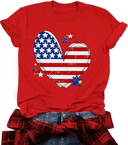 VVNTY American Flag Heart Shirt Women Patriotic T-Shirt 4th of July Graphic Tees Shirts USA Flag Star Stripe Tops