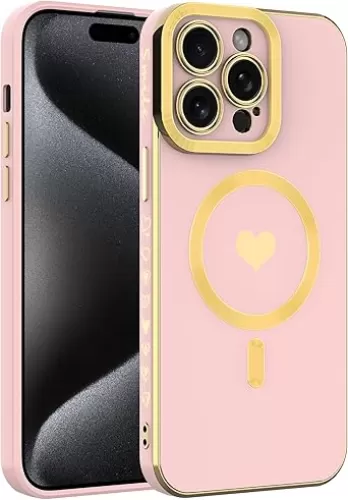 wahhle Magnetic Case for iPhone 13 Pro, Luxury Plating Cute Love Heart Phone Cover Compatible with Magsafe for Women Girls with Camera Protector (iPhone 13 Pro, Pink)