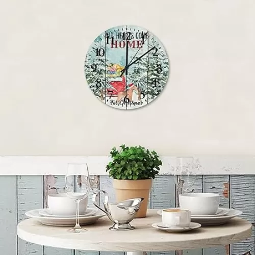 Wall Clock All Hearts Come Home for Christmas Room Decorative Wall Clock Silent Non-Ticking Quartz Battery Operated Arabic Numbers Vintage Christmas Decorations Round Clock for 12 Inch