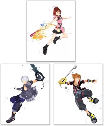 Watercolor Kingdom Hearts Poster Prints - Set of 3 (8x10) Glossy KH3 Keyblade Wall Art Decor - Sora - Riku - Kairi