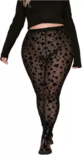 WDIRARA Women's Plus Size Heart Print Sheer Mesh Leggings High Waisted Skinny Pants