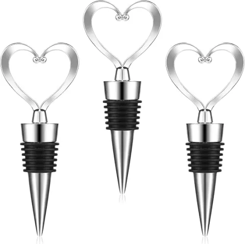 Wine Stoppers Accessories, 3pcs Silver Heart Shaped Reusable Air Tight Seal for Wine Champagne Beer, Elegant Kitchen and Bar Accessories, Wedding Favors Gift Set