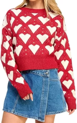 Women Heart Print Sweaters Long Sleeve Crewneck Oversized Pullover Sweater Cute Love Pattern Knitted Jumper Tops