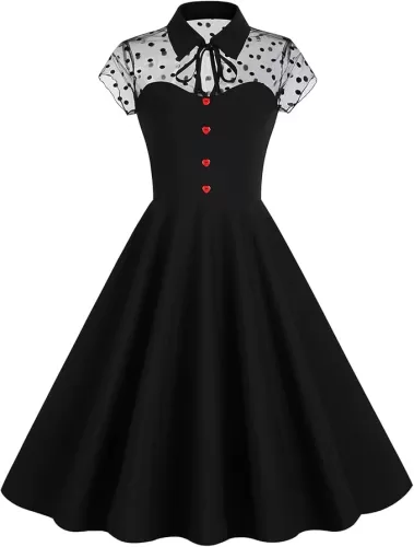 Women Mesh Floral Embroidery Vintage Cocktail Swing Dress Illusion 50s Goth Flared A line Casual Wedding Prom Evening Dress
