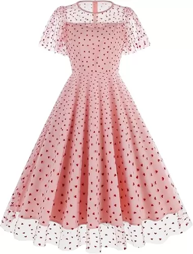 Women Mesh Floral Embroidery Vintage Cocktail Swing Dress Ruffle Sleeve Embroidered Floral Dress for Women Tulle Prom Dress