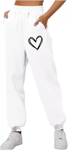 Womens Cute Sweatpants Love Heart Graphic Joggers High Waisted Baggy Workout Athletic Running Pants Cinch Bottom