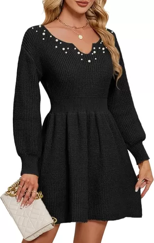 Womens Cute Sweet Heart Neck Pearl Sweater Dress Spring 2025 Outfits Pleated Knitted Mini Dresses